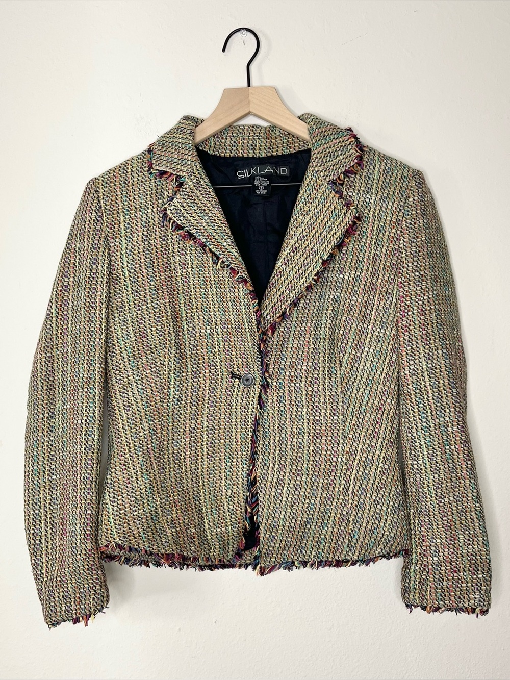 Vintage Silkland Women's Multicolor Tweed Blazer Jacket Size Small Silk Cropped